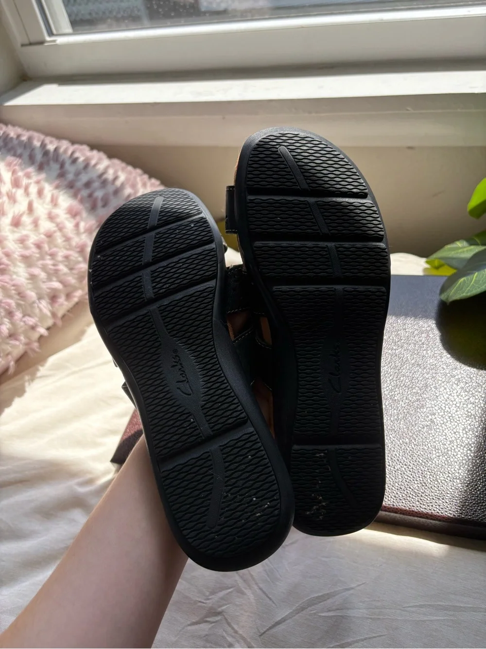 Clarks Black Laser-Cut Triple Strap Slide Sandals with Brown Insole